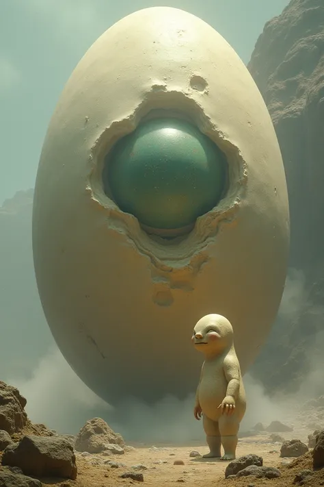 Very big egg with a body and a face next to planet head