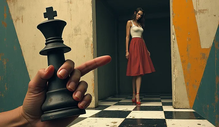 a hand , a chess piece and a woman in the background of the standing image, cubism style, Surreal environment