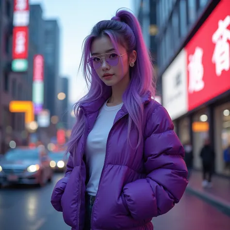  Potrait real photography professional ,  a beautiful Asian woman with long hair purple color mixed purple with cypunk hairstyle half pony tail,  wearing a purple thick jacket  ,t-shirt for  ,  pants and wearing sneakers and light purple transparent glasse...