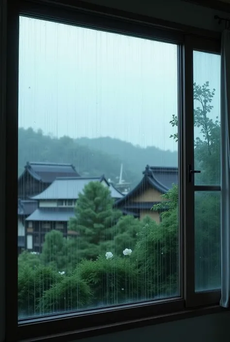 Image of the view from a window of a building in Japan on a rainy day 