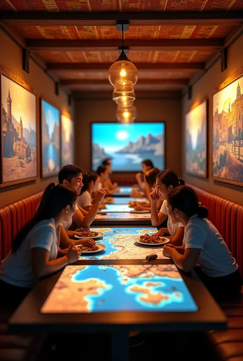 
" Image of a modern restaurant in La Guajira ,  with tables that have interactive digital screens .  A group of friends or family enjoying local food while exploring tourist places in La Guajira on the screens. the atmosphere is cozy and vibrant, combinin...