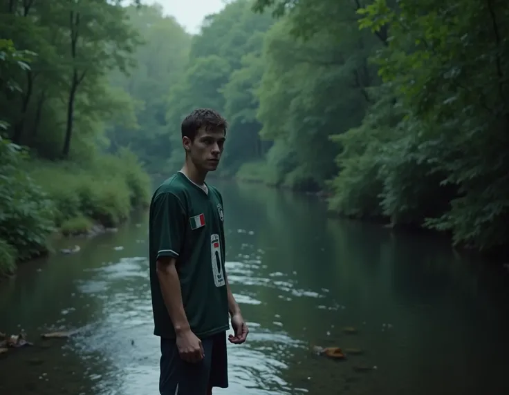 Young and suspense film a 17-year-old athletic Italian boy from high school is wearing his preparatory uniform on the bank of a river in a forest is scared