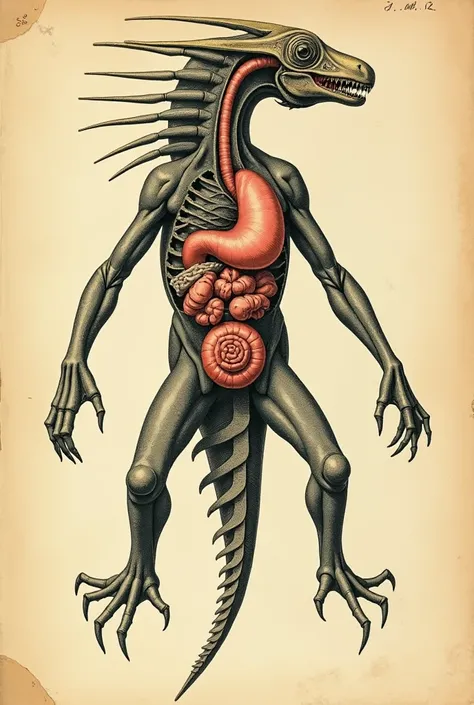  Art illustration on an old yellowed page.  Strange creatures alien species .  Sectional drawing ,  shows organs separately . scientific drawing . Vertical view from above .  , the ultimate evolution of a hybrid animal  , in the infographic ,  ,  scaly ,  ...