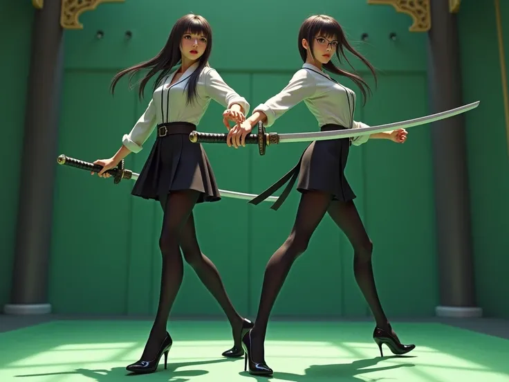 2 girls,Roromia,Toritachi Chiyo,Wearing a Chinese sword practice martial arts course , In the green martial arts dojo, wearing a tight-fitting suit skirt and black stockings and Super high heels thin heels , wear glasses, Look at the front of the girls fro...