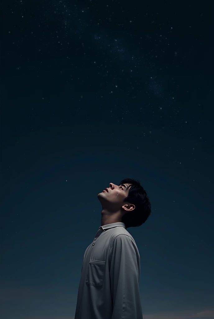 A man looks up at the sky crying at night and wearing a white shirt 