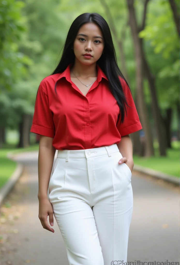 8K, best quality, high-resolution,Photorealsitic:1.37, amateur, full body, close up, chubby Indonesian woman, dark skin, innocent, cute, chubby, round face, shy, shame,red shirt, busty, white trousers, cleavage, walking in park