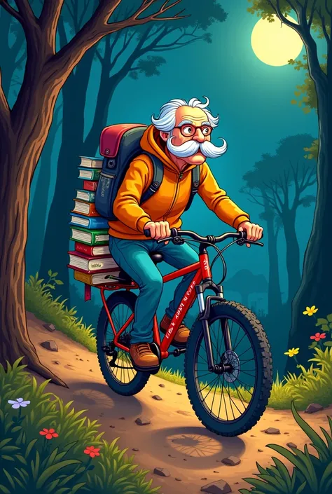 Cartoon drawing of an old mustached velotafeur without a beard on a mountain bike full of math books at night in the forest in autumn 