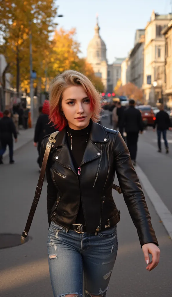 feminine punk girl with blond hair combed to the right and dyed red hair ends, in a leather biker jacket, torn jeans with patche...