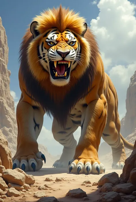 Create a 9:16 photorealistic imagem of a angry giant hybrid creature combining the elements Of the saber-toothed tiger and the lion 