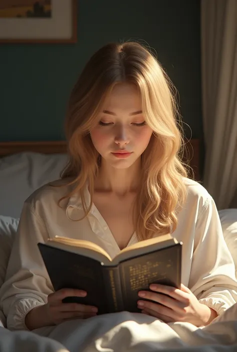 A girl with dark golden blonde hair is sitting in her bed under the cover reading a book 