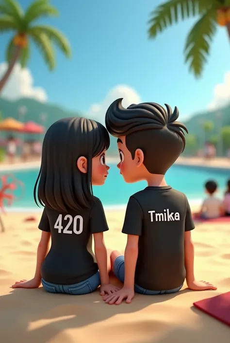 Create an animated 3d illustration of Indonesian boy and girl lovers sitting on the beach with a ball field background dressed in black t-shirt with name inscription " 420 on her boyfriend t-shirt and there is an inscription "timika on her chick t-shirt  