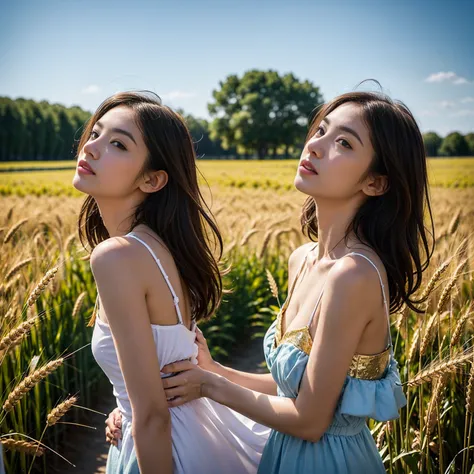 Great Plains、Wheat field、Gentle wind、Golden Wave、blue sky、Girl in the wheat、The camera looks up at the girl from a low position、The blue sky spreads out beyond the face of the girl、eye contact、Girl lifts the hem of her dress to show her panties、The camera ...