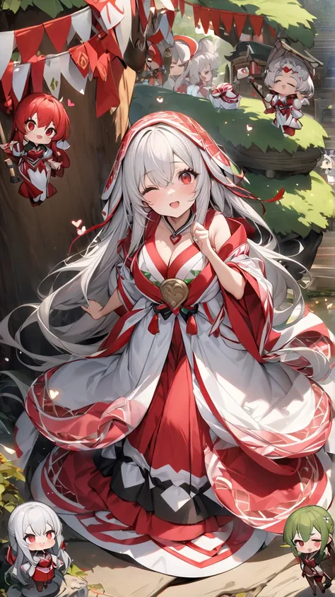 ( best quality, ),  Beautiful Women (One eye is red:1.2), Perfectly Combining Elements. well-groomed face from a sense of distance、Happy expression、 Silver Hair、 Red Eyes、 cute expression (目がheart、 to the big tree、Looking up)、Long Hair,heart、Shrine maiden ...