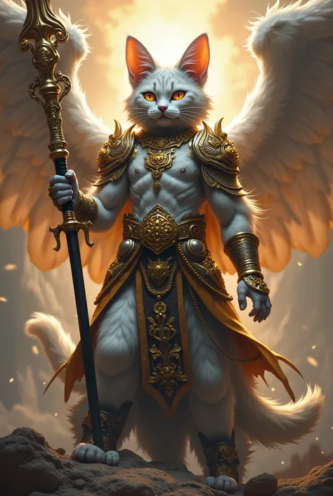  DILLS ,  gold silver shoes and mitril ,  gold and silver mitril bracelets {x} master of the gods of destruction,  cat-shaped ,  white and gray pelage ,  honey-colored eyes and black pupil ,  katana weapon and sacred staff ,  ropage gold silver and mitril ...