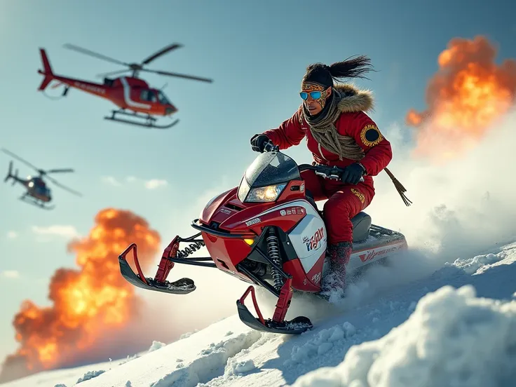 In a full color, Full body, highly detailed cinematic scene from a big budget action  movie, an athletic short-haired African woman wearing tribal war paint rides a red and white snowmobile off the edge of a snowbank, narrowly escaping a fiery explosion as...