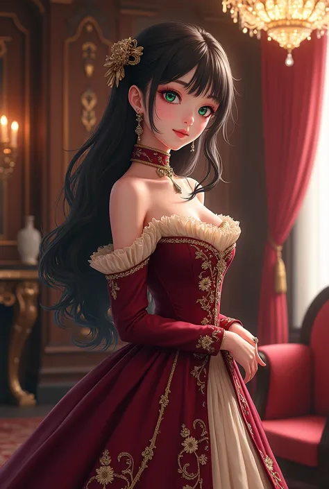  Black-haired girl with emerald eyes dressed in Victorian era in deep burgundy with some gold embroidery and cream details ### bottom:
- An elegant background that evokes the nobility of the time ,  like a living room decorated with velvet curtains in rich...