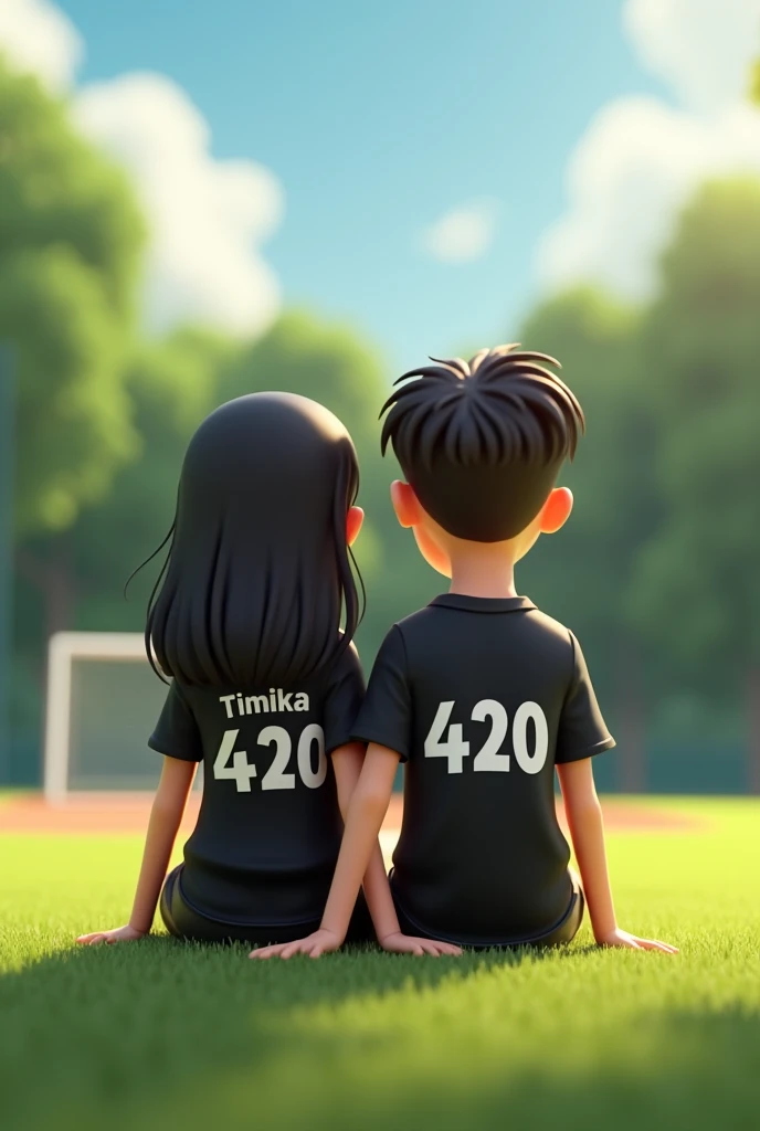 Create an animated 3d illustration of a pair of Indonesian boy and girl lovers sitting on a ball field with a ball field background dressed in black t-shirt with name written " 420 on her boyfriend t-shirt and there is an inscription "timika on her chick t...