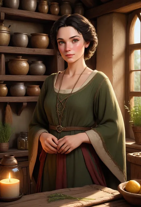 A pretty medieval woman, short dark hair, innocent expression, herbalist, simple robes, cottage interior, detailed face, detailed eyes, detailed lips, highly detailed, masterpiece, photorealistic, 8k, dramatic lighting, warm color palette, natural sunlight...