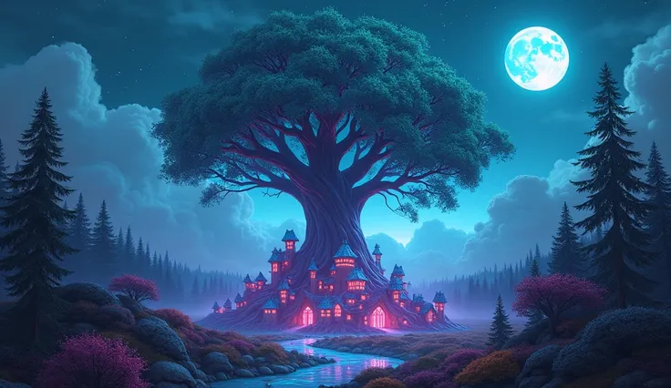 magic glowing giant tree in the middle of a dark pink and turquoise fantasy forest with a mini city of fanciful neon blue dwarfs with two moons in the background in the sky