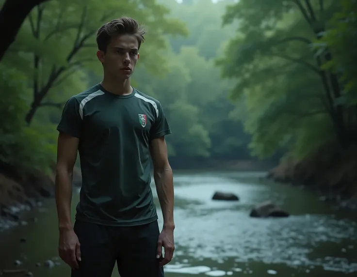 Young and suspense film a 17-year-old athletic Italian boy from high school is wearing his preparatory uniform on the bank of a river in a forest is scared