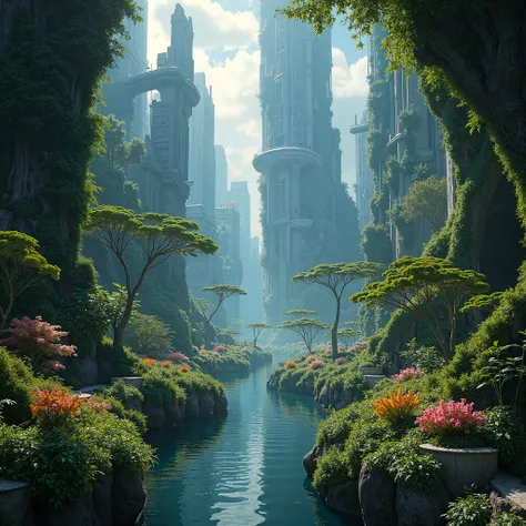 A futuristic metropolis where technology and nature blend in perfect harmony, with sleek, lush, verdant gardens, as if the essence of the earth has been distilled into a vibrant, thriving eco-friendly oasis. The cityscape is a tapestry of lush trees, spraw...