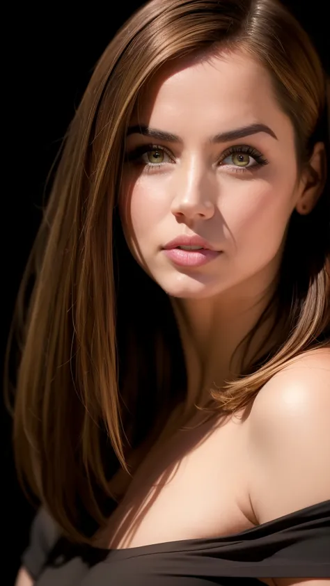 A seductive portrait of a woman, (medium shot), black off-shoulder shirt, brown hair, (straight hair:1.5), skin texture, digital painting, illustration, (masterpiece, best quality:1.2), high details, contrasting lighting, (black background:1.5) 