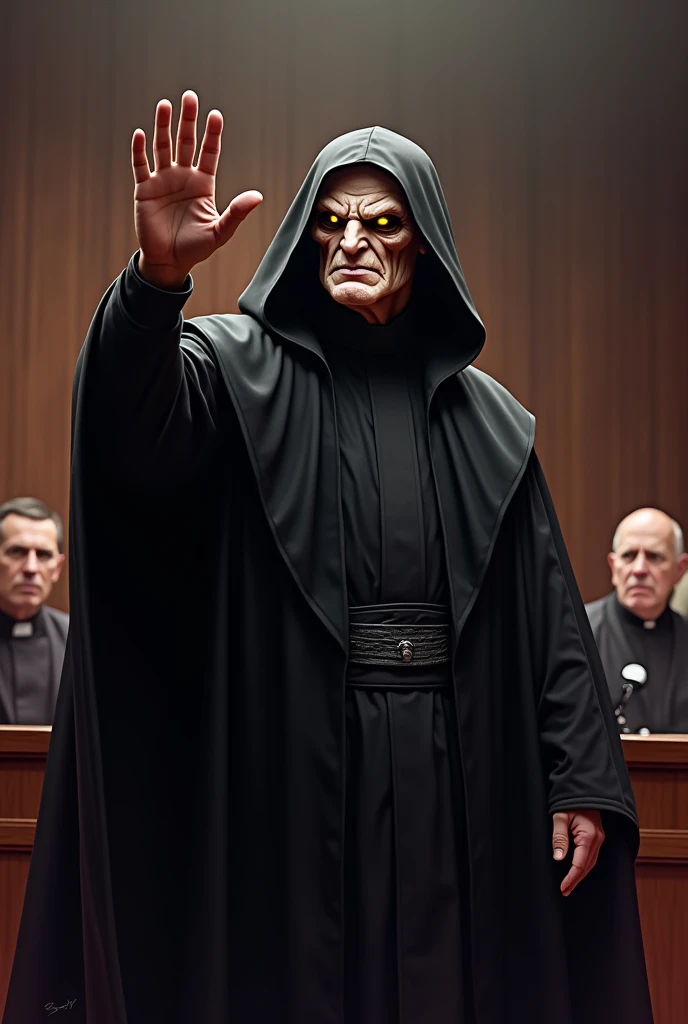 Draw specifically Patricio Estrella, a character from an animated series, disguised as Emperor Palpatine from Star Wars raising his hand in the middle of a trial 