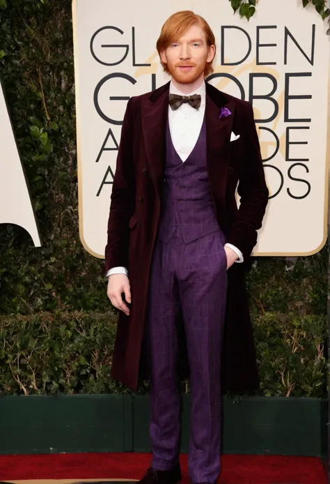 Domhnall Gleeson, purple overcoat, brown vest, bow tie, purple plaid pants.