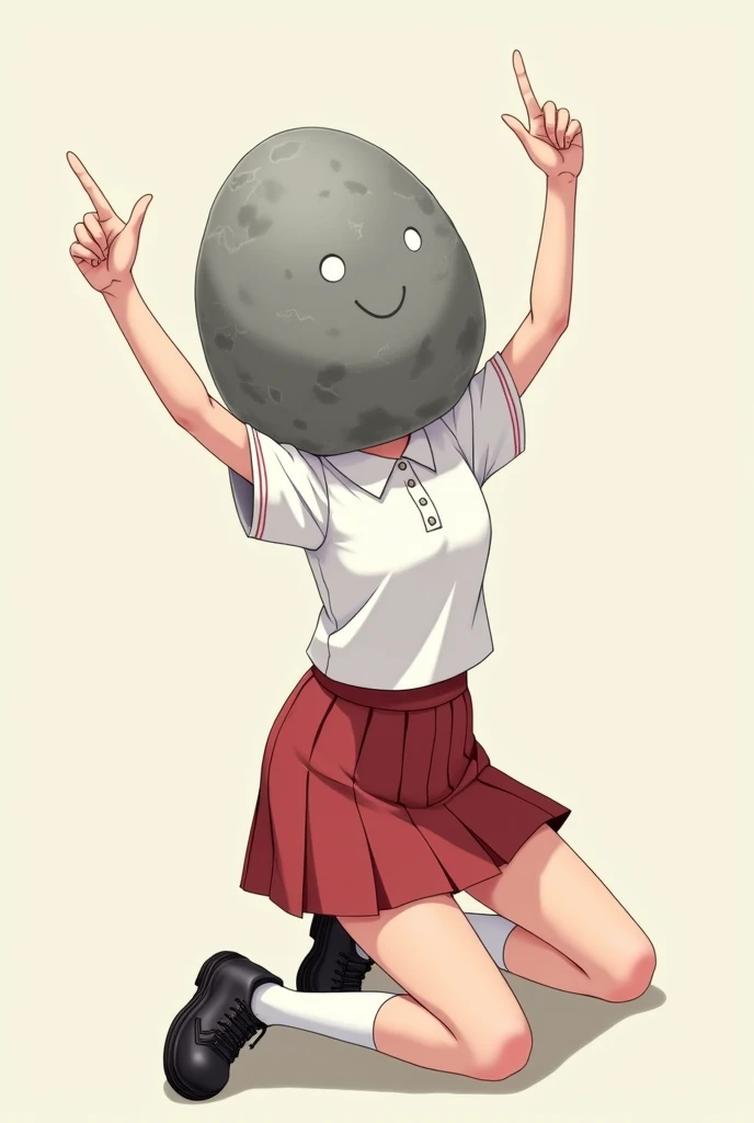 girl, anime, White polo shirt for school shorts, short red skirt , kneeling,  with a large rock that replaces his head ,  long legs,  big thighs , Its not scary ,  anime style, white toe black shoes, The image of Ahead of the girl, The arms make a question...