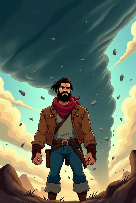 Disney animation of a tornado with a handsome man with black hair, with a beard and thick eyebrows 