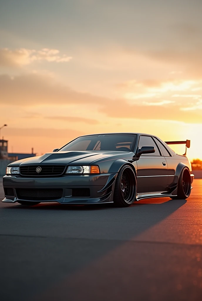 A Cadillac Seville year 2000 in a grey gunmetal paint job lowered with a wide body kit, in a sunny sky 