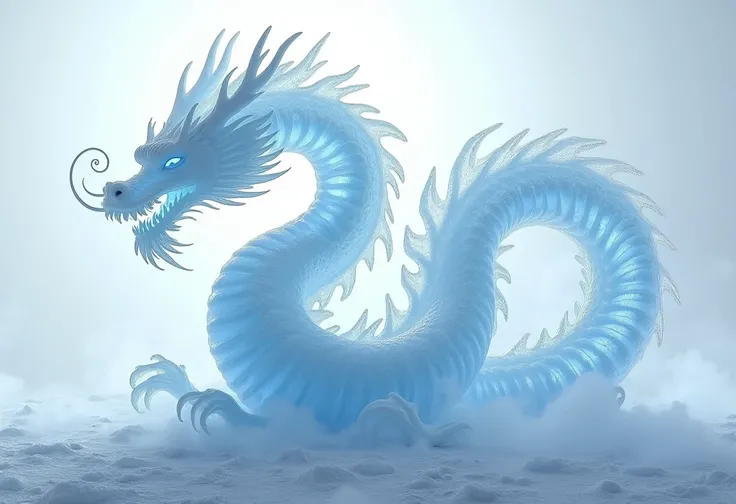 ( ice - sculpture :1)、Clear、 Movie lighting 、 simply white background 、full body lesbian、 Inner light and shadow {x} Inner light and shadow {x} Chinese dragon art concept {x} White Chinese dragon glacier relief masterpiece {x} White Chinese dragon ice reli...