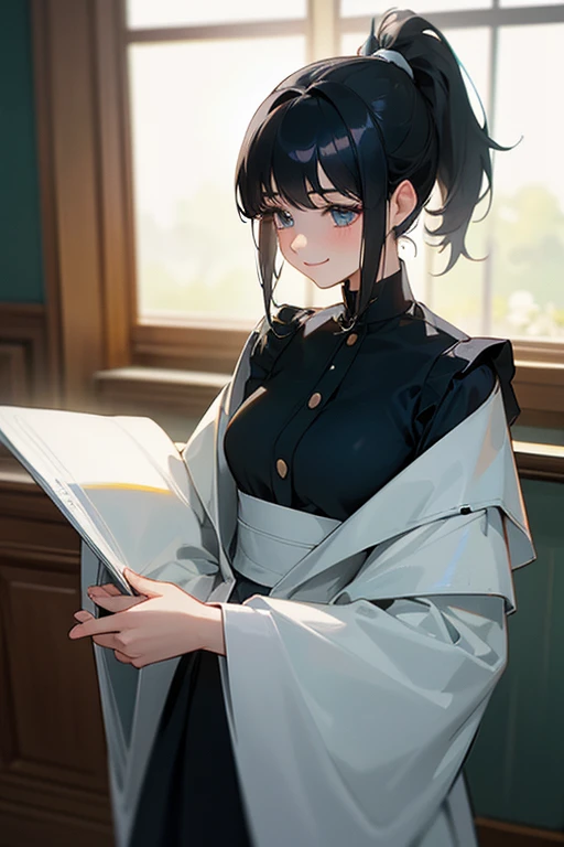 ( highest resolution, Clear_image)、(  best quality).single, One woman, Alone, masterpiece, (( ponytail)).Semi-realistic,    black hairのショートヘア,    black hair, bangs, 18 years old, Mature, light blue uniform, uniform,      indoor background, kind, Dignified,...