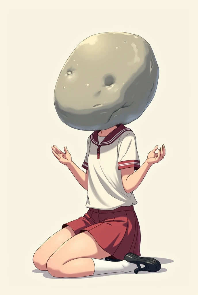 girl, anime, White polo shirt for school shorts, short red skirt , kneeling,  with a large rock that replaces his head ,  long legs,  big thighs , Its not scary ,  anime style, white toe black shoes, The image of Ahead of the girl, The arms make a question...