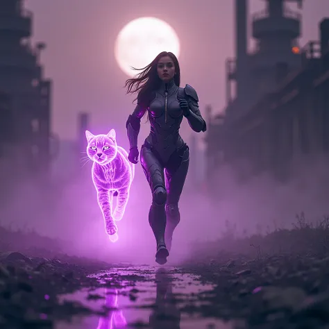 A girl in an armored robotic cyber suit run inside the neon ghost of a transparent violet cyber cat across an industrial industrial landscape at high speed under the moonlight. Mystical fog surround. Dark ambient and horror photorealistic sepia mode