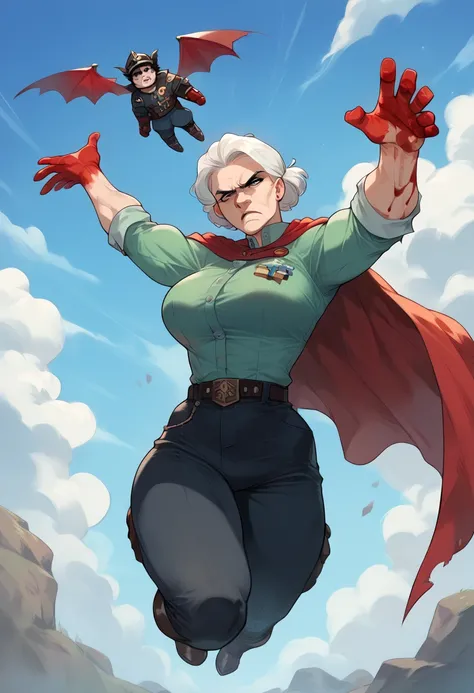 Serious and mature woman, elderly, short black hair with white locks, mercenary woman, muscular ("female omni-male version"), large breasts,Thighs, uniform, red cape, flying, serious expression, blood on hands, floating, serious features