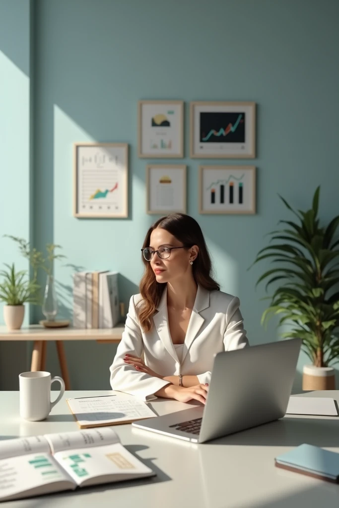  A woman sitting at a minimalist work desk ,  with an open laptop and investment graphics on the screen . next to,  there is a coffee mug and an agenda with notes on ETFs and financial planning .  She is writing with focus , , transmitting the idea that fi...