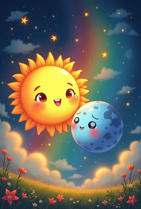 This image contains、 The sun and moon with a cute design are drawn。 the sun is bright yellow, 、 has a gentle expression 、 orange light spreads around 。The moon is blue, 、 several heart patterns are drawn, 、 has a satisfied expression 。

 the background has...