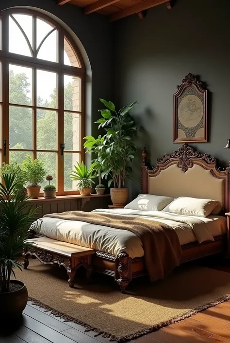 Black and brown bedroom with a lot of natural light, some plants, and a huge bed