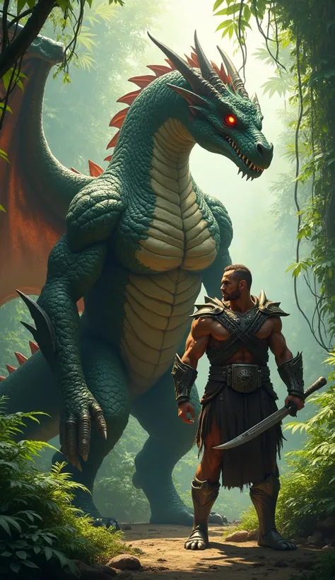 MUSCULAR DRAGON STANDING NEXT TO A STRONG AND MUSCULAR SOLDIER IN THE JUNGLE