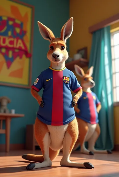 A kangaroo wearing the Barcelona shirt in a room taking a picture in front of a mirror with a bright sign that says Lucia