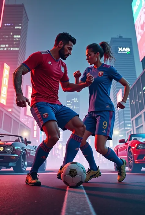 A man and a woman soccer players with a GTA V theme