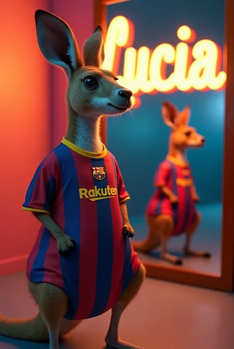 A kangaroo wearing the Barcelona shirt in a room taking a picture in front of a mirror with a bright sign that says Lucia on one side