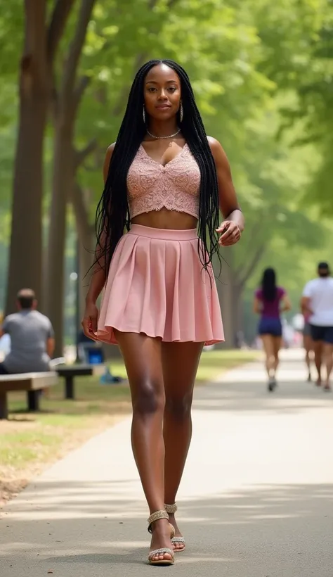 A curvaceous Black woman wearing a fitted crop top with intricate embroidery, paired with a pleated mini skirt in blush pink and ankle-strap flats. Her hair is styled in long sleek braids. The backdrop is a sunny park with tall trees, benches, and people j...