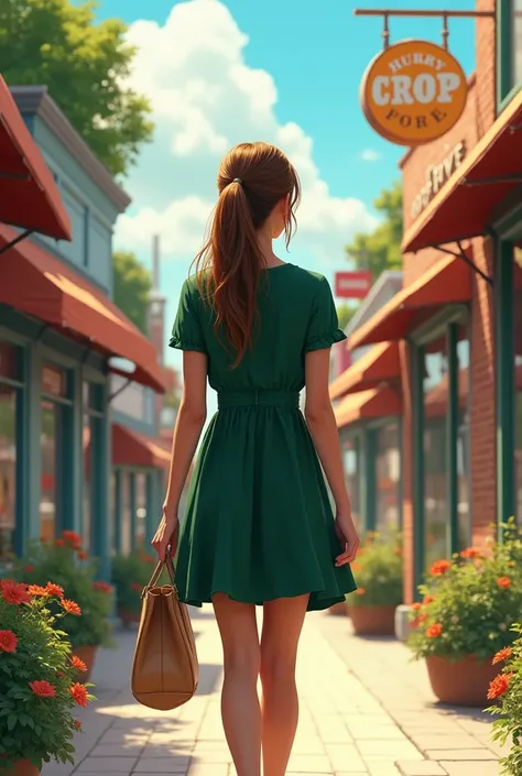 (photorealism:1.2), beautiful american woman, walking near a store in america, light brown hair in a ponytail, dark green short sleeve a-line dress, stores, trees and flowers in background, walking with a bag in her hand. 