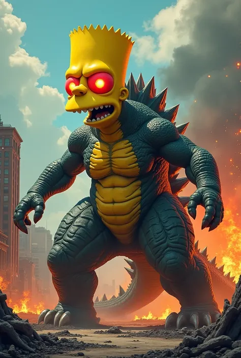 "Imagine a colossal, fearsome hybrid creature that merges the mischievous spirit of Bart Simpson with the immense power of Godzilla. This monstrous being towers over its surroundings in a devastated, burned cityscape, featuring a massive, muscular body cov...