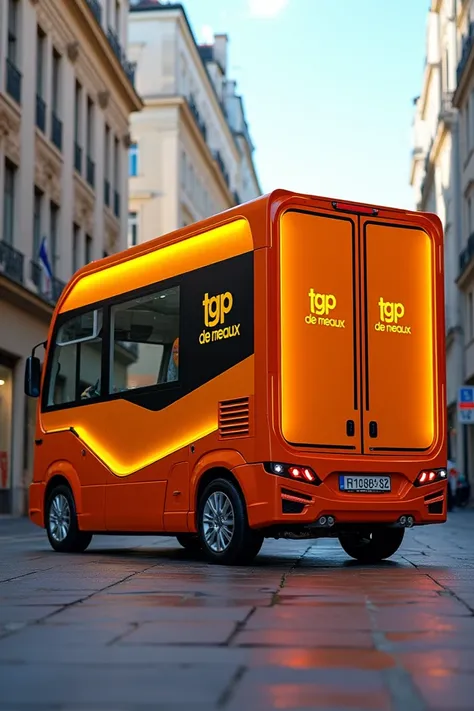 A superb orange and orange-yellow movie box truck with the following logo 
TGP de Meaux 