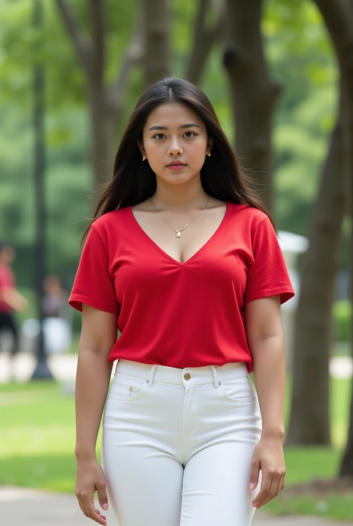 8K, best quality, high-resolution,Photorealsitic, full body, close up, cute Indonesian woman, ((chubby girl)), overweight, double chin, dark skin, innocent, cute, chubby, round face, long thick hair, shy, shame,red shirt, busty, big breast, full cleavage, ...