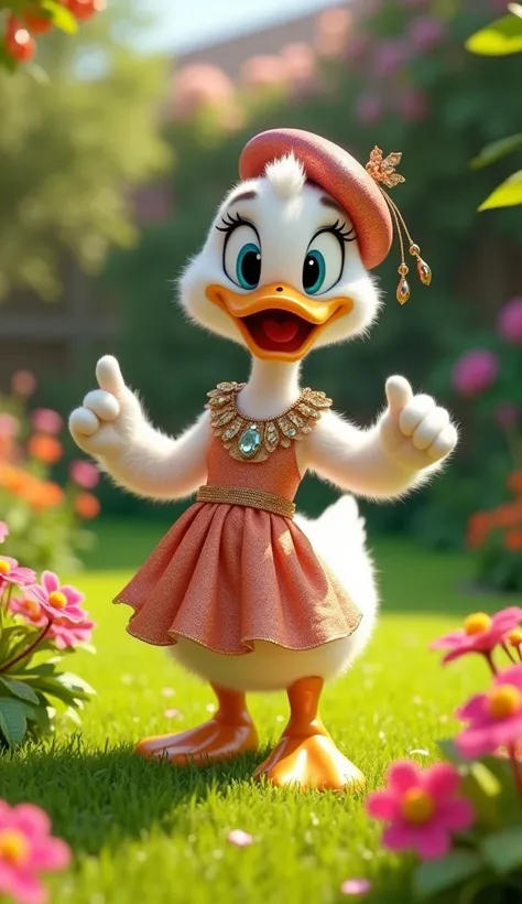 Image of a stylized duck ,  inspired by the Disney Pixar style,  dancing merrily in a verdant backyard filled with colorful flowers and lush plants.  The paw is wearing modern designer clothes ,  with an elegant and shiny dress ,  adorned with sophisticate...