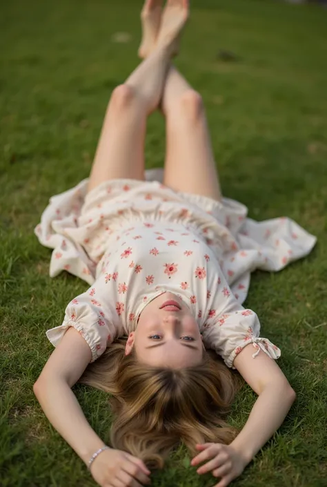 (Cinematic photo, facing the viewer:1.3) From (Thigh-length photos:1.3),(slim:1.2), ((light summer dress, flower pattern)), Beautiful 25 year old woman, lying on the grass, medium blonde hair deserained, Highly detailed texture, realistic texture, spread l...